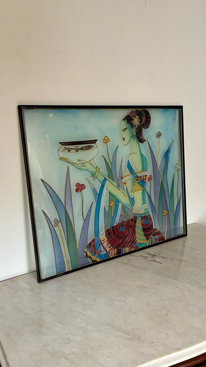 Quadro Pintura sobre Vidro Figura Feminina Oriental · Século XX, década de 1970–1990 · Estado: Bom