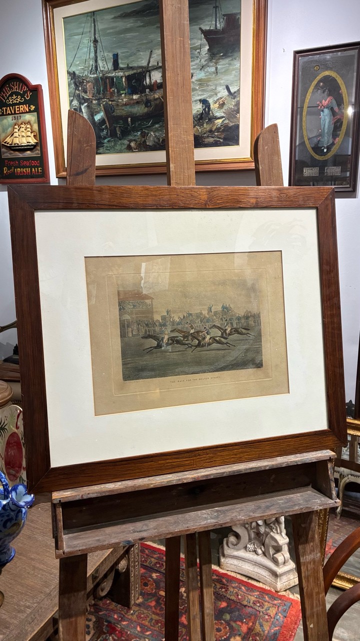 Quadro Gravura Corrida de Cavalos · Século XIX · Estado: Regular