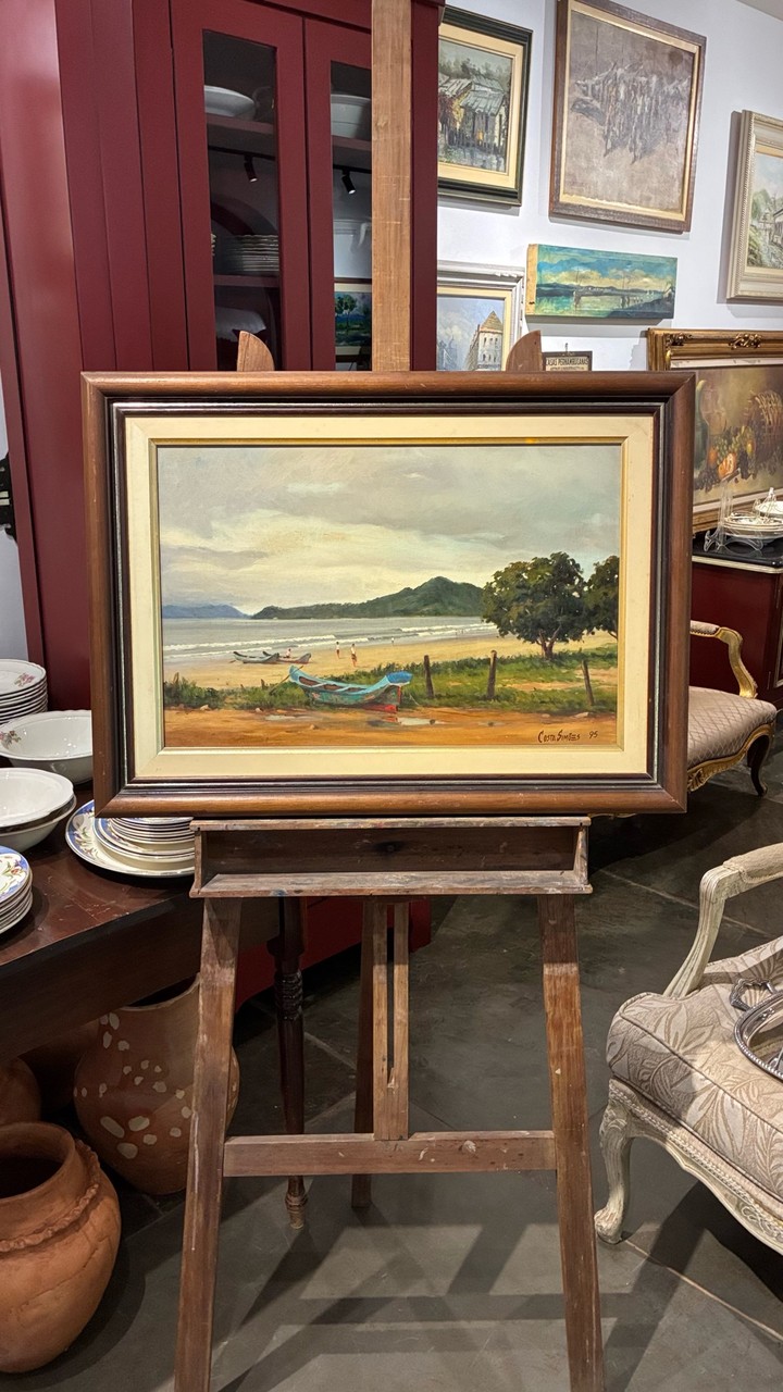 Quadro a Óleo Praia com Barcos de Pesca – Costa Simões · Década de 1990 · Estado: Bom