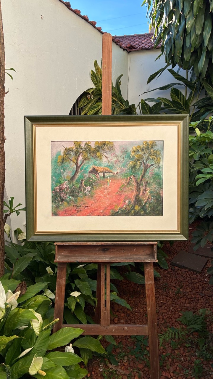 Quadro a Óleo Paisagem Rural com Casa de Sapê – Assinado · Século XX (data na assinatura, ilegível com segurança) · Estado: Bom