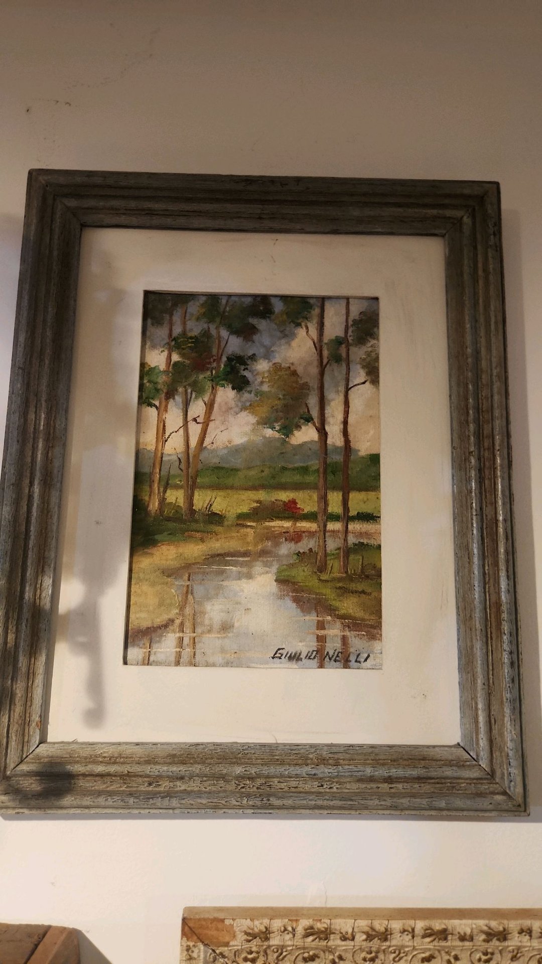 Quadro pintura a Óleo - Paisagem com Rio e Eucaliptos · Século XX (1950-1980) · Estado: Bom