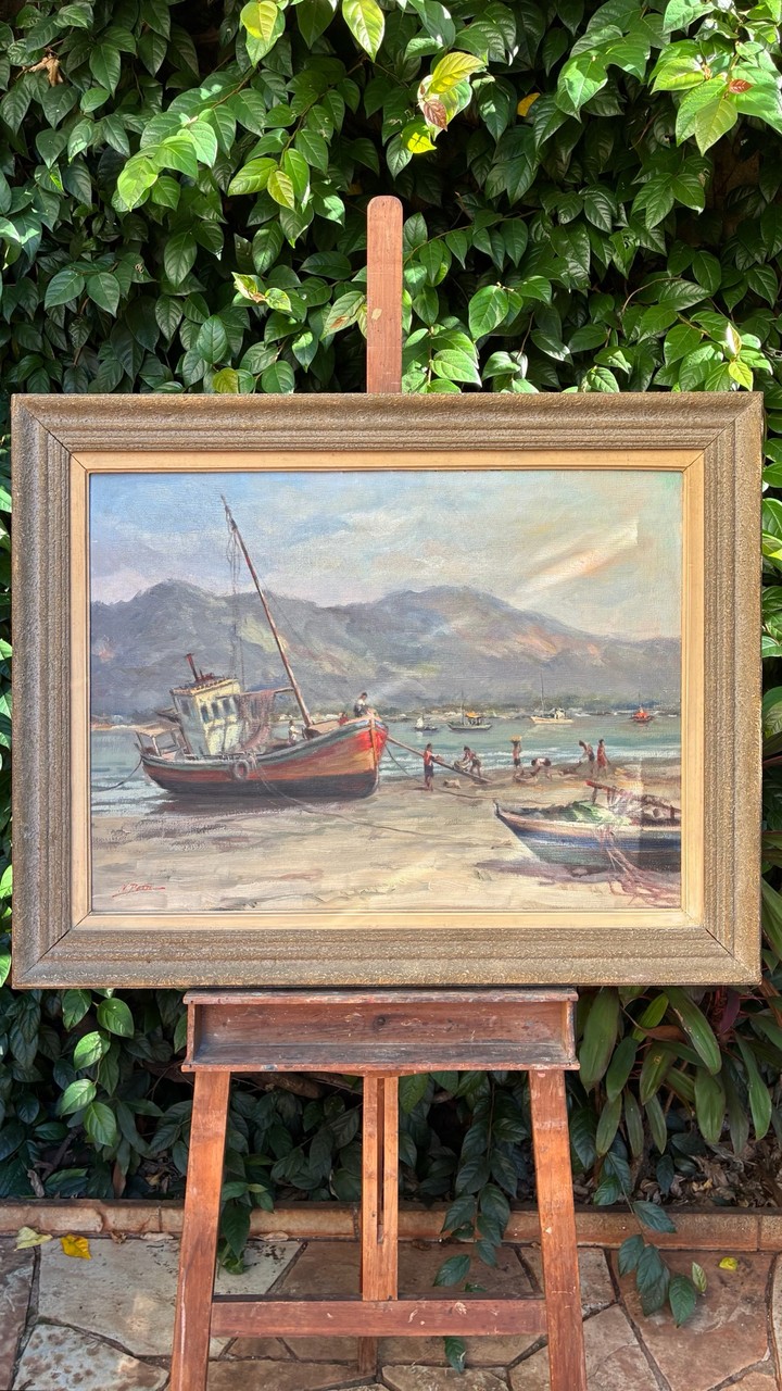 Quadro Pintura a Óleo - Cena de Pesca Costeira · Meados do Século XX (1940-1970) · Estado: Bom