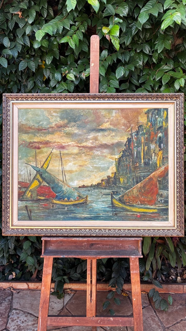 Quadro Pintura a Óleo – Vista de Canal com Embarcações · Século XX (1930–1970) · Estado: Regular