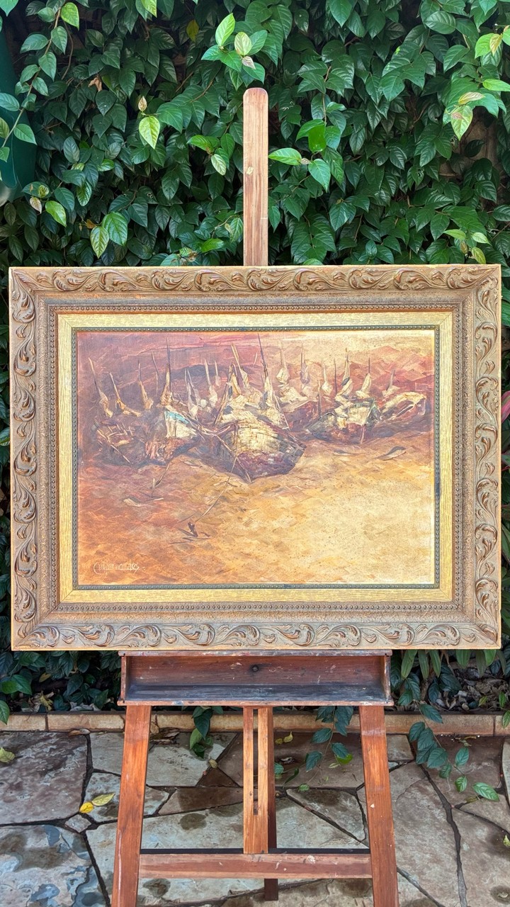 Quadro Pintura a Óleo sobre Tela – Barcos de Pesca · Século XX (1950–1980) · Estado: Regular
