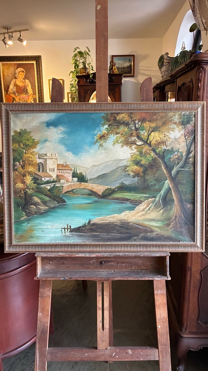Quadro Pintura a Óleo - Paisagem com Castelo e Ponte · Século XX (1920-1960) · Estado: Bom