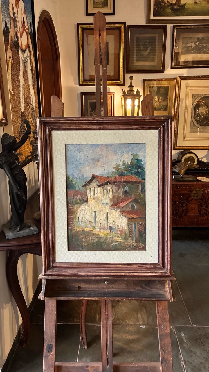 Quadro Pintura a Óleo – Paisagem com Casario Colonial · Século XX (1950–1980) · Estado: Bom
