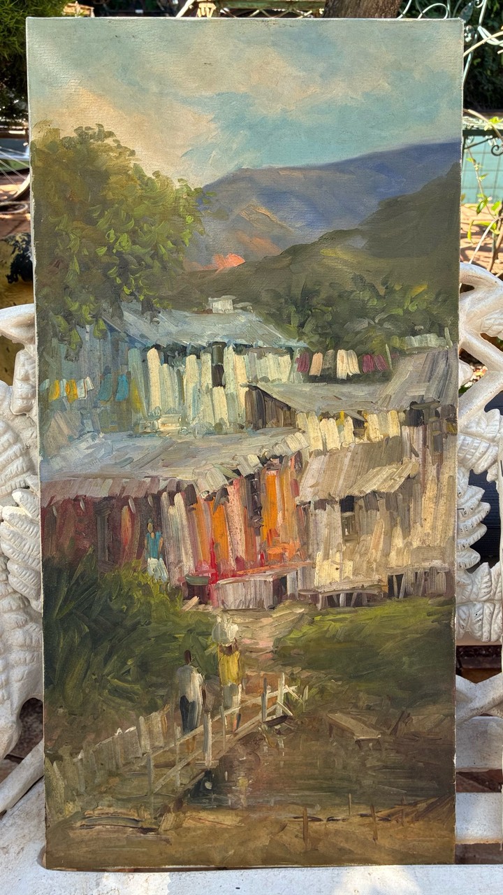 Quadro a Óleo Cena de Favela com Figuras · Século XX (1950-1980) · Estado: Regular