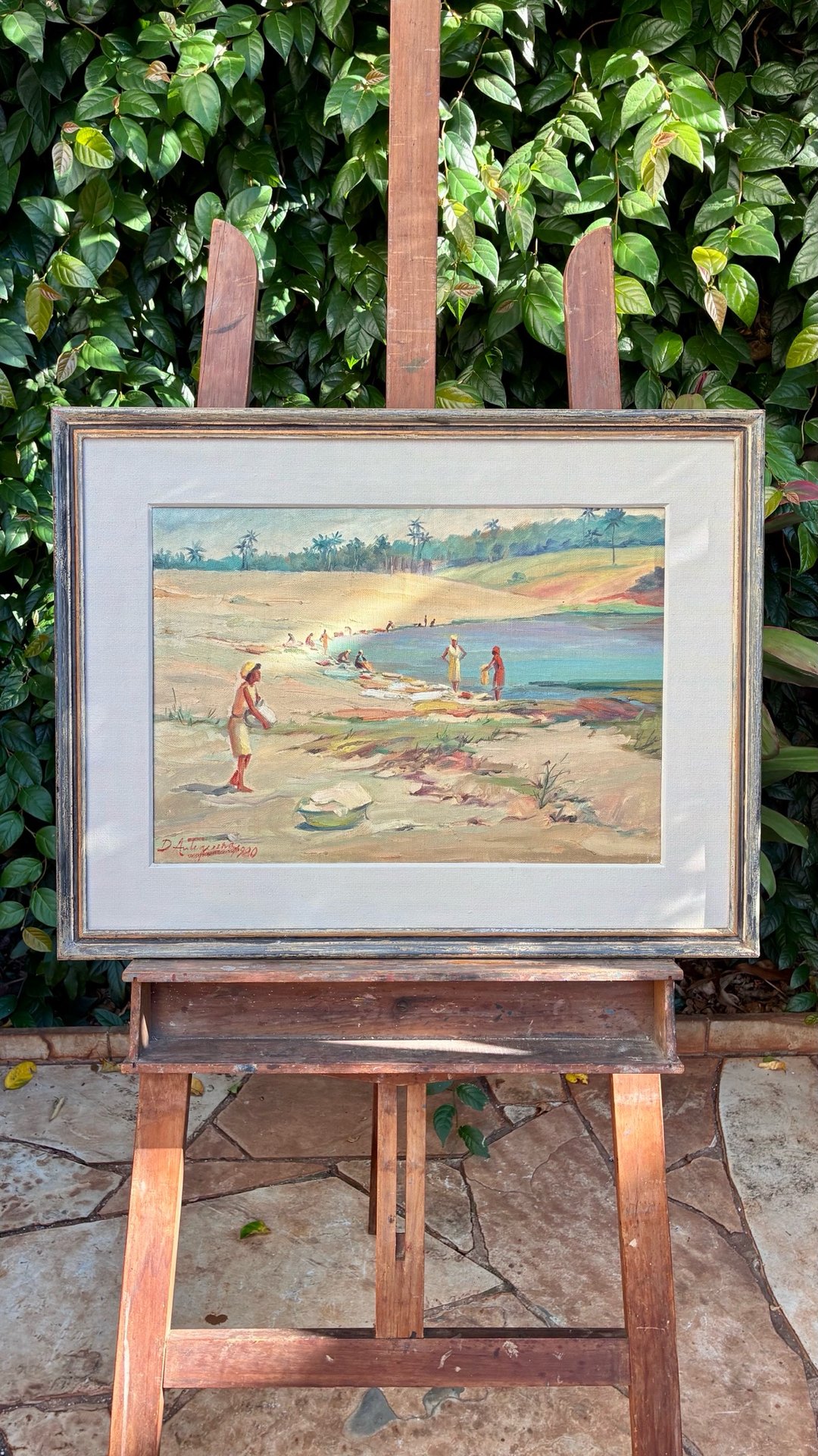 Quadro Óleo sobre Tela – Lavadeiras no Rio · Século XX – 1990 · Estado: Bom
