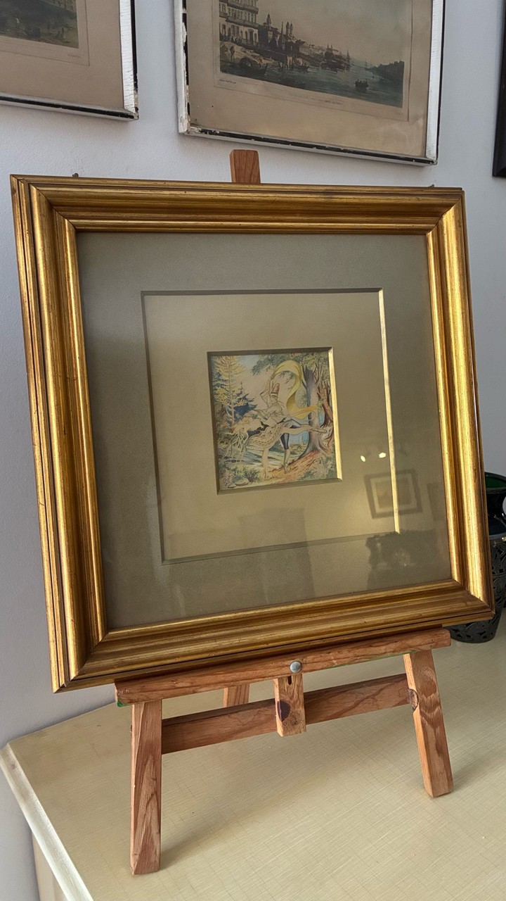 Quadro Aquarela Figurativa com Moldura Dourada · Século XX (1920–1960) · Estado: Bom