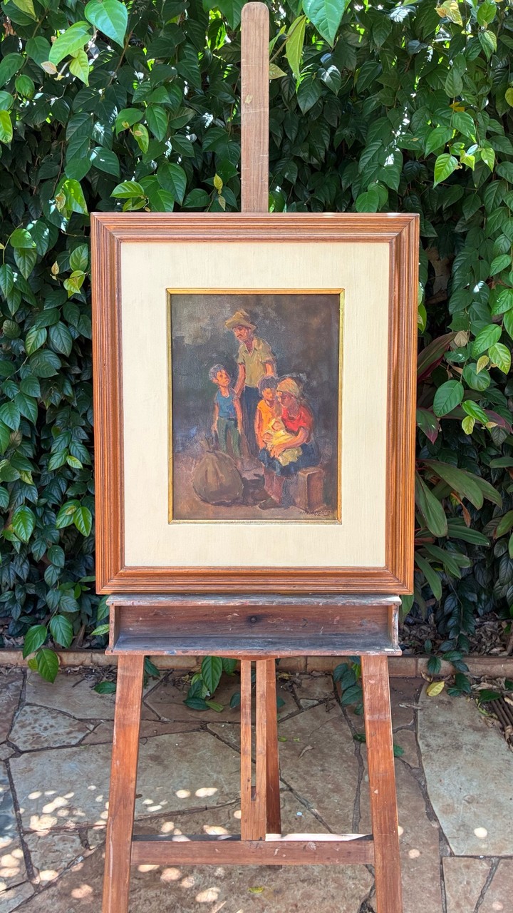 Quadro Cena Figurativa com Família Humilde - Menase Waidergorn · Século XX (1950–1980) · Estado: Bom