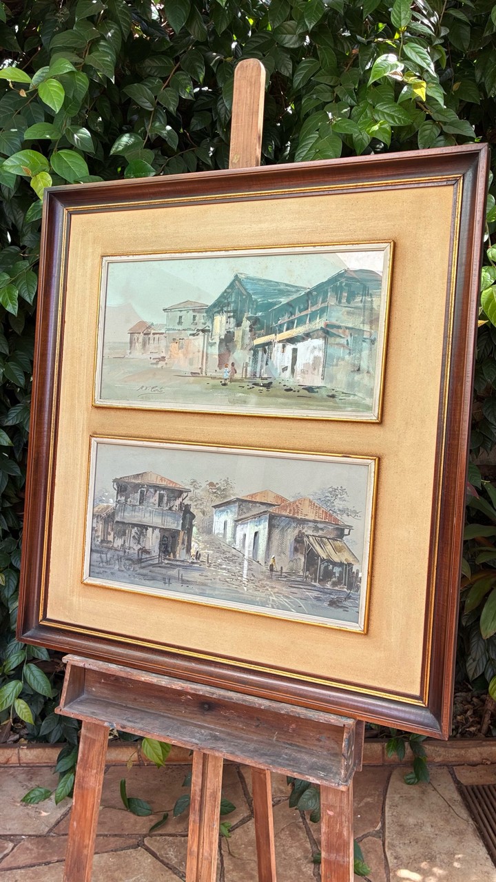 Quadro Duplo com Aquarelas de Cenas Urbanas Coloniais · Século XIX – início do Século XX · Estado: Regular