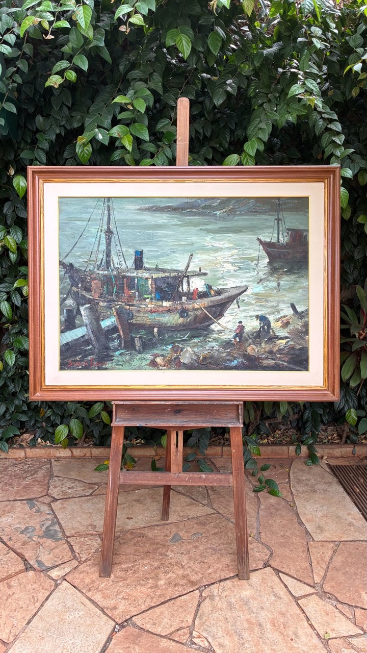 Quadro Cena Marítima com Barcos de Pesca - Durval Pereira · Século XX (1950–1980) · Estado: Bom