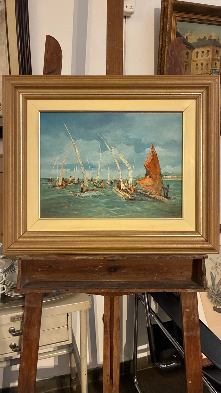 Quadro Cena de Jangadas com Velas · Século XX — década de 1960 · Estado: Bom