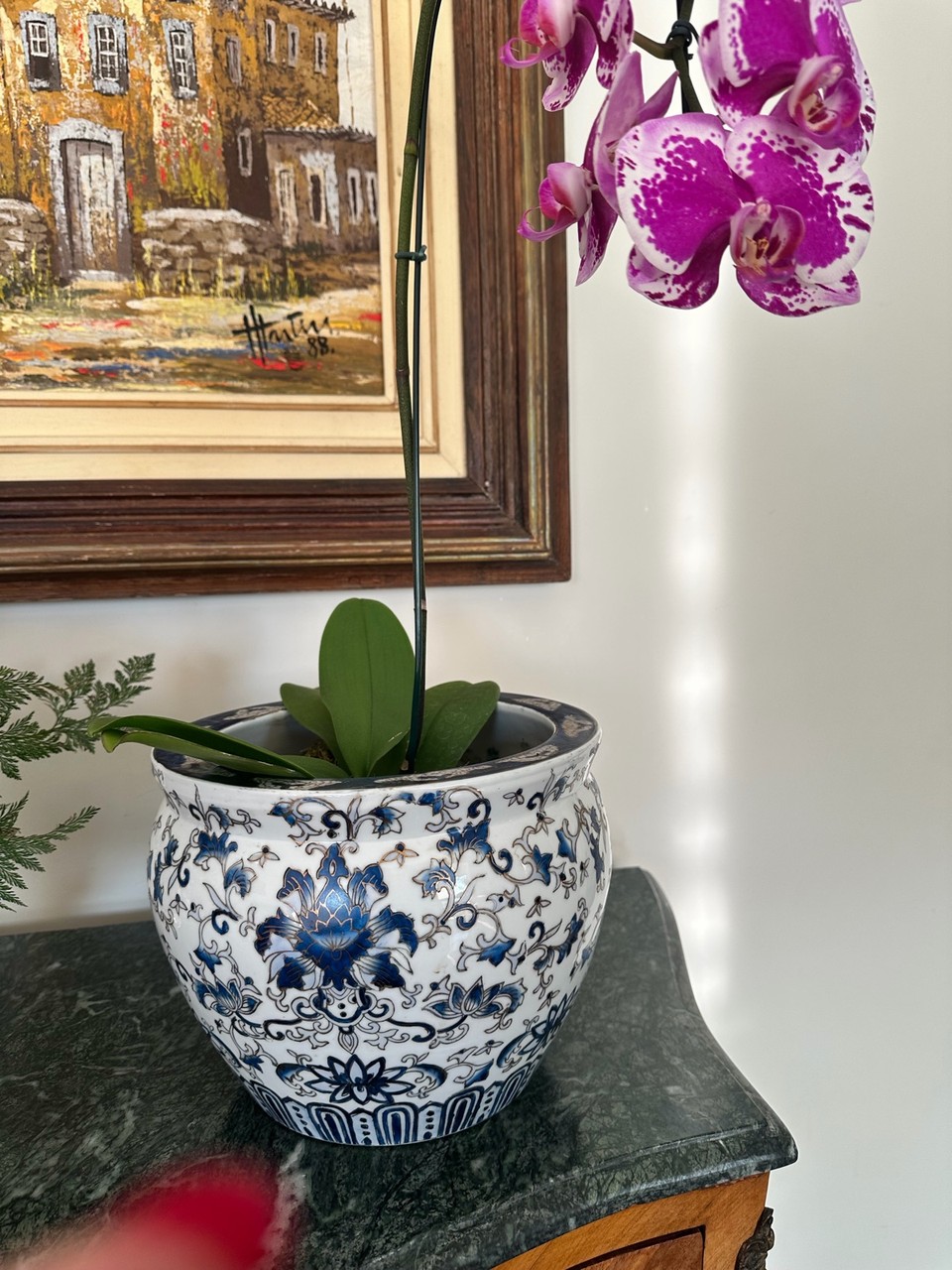 Cachepot Porcelana Chinesa Azul e Branco · Século XX · Estado: Bom
