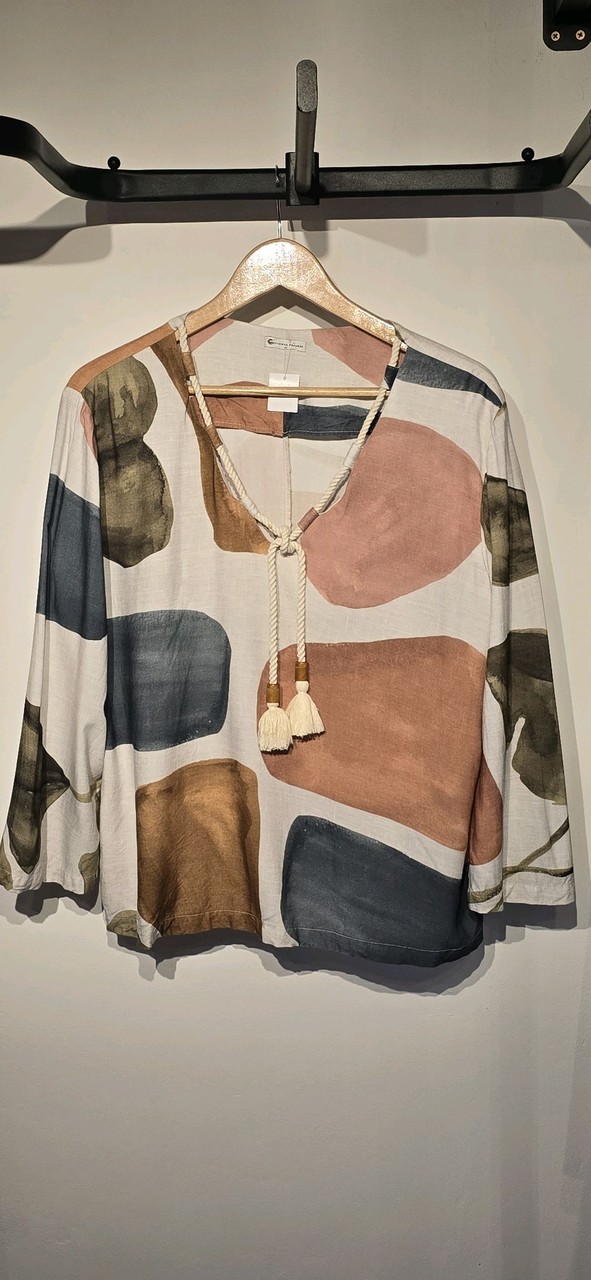 Blusa Estampada Abstrata com Amarração · Estado: Excelente